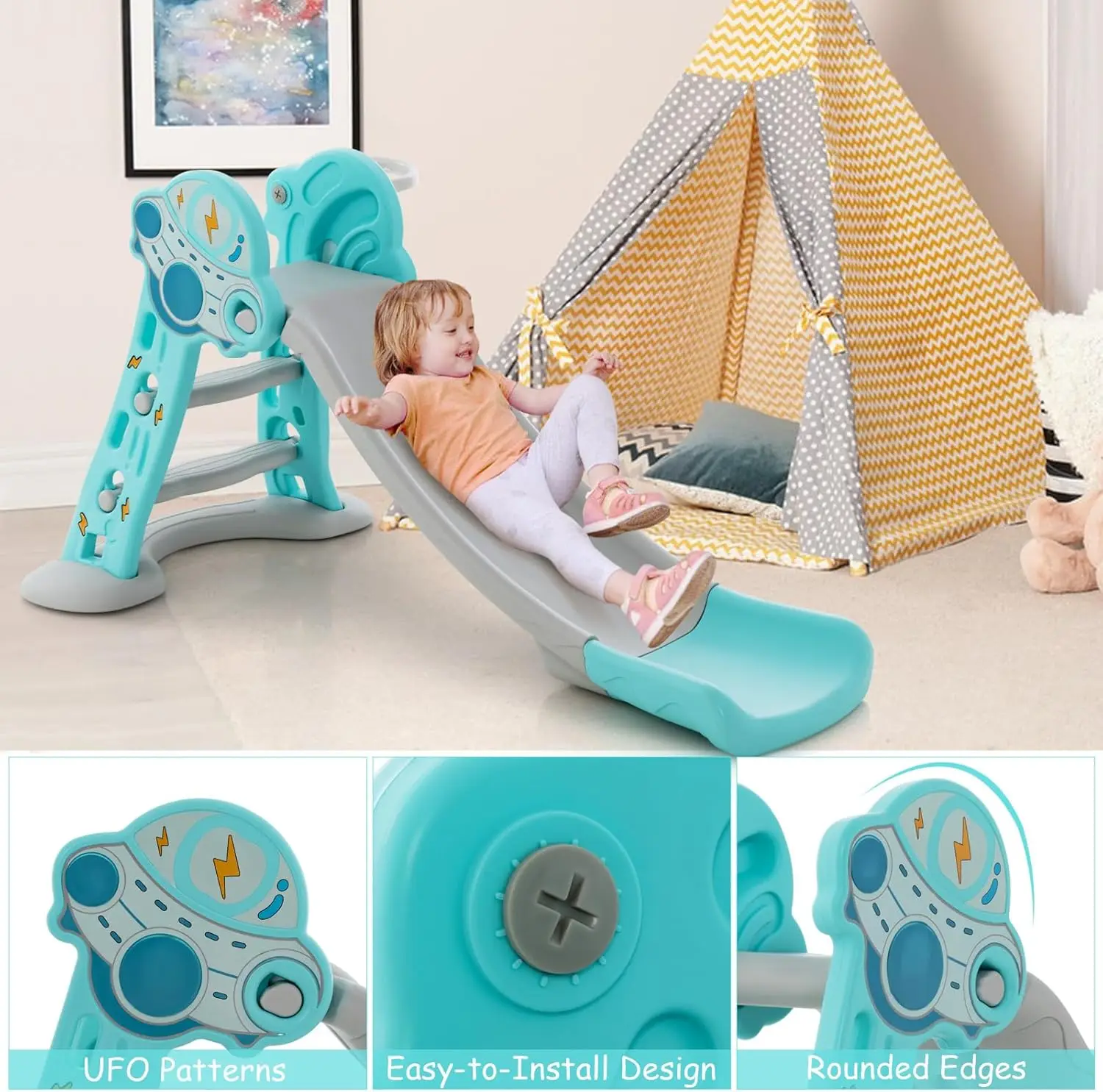 Kleinkind rutsche, 3 in 1 klappbares Baby-Rutschenkletterer-Spielset, freistehende Rutsche mit langer Rutsch neigung, Basketball korb, Innen a