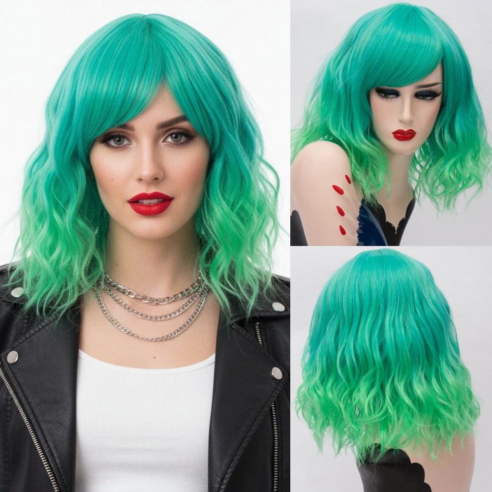 

Short Green Wavy Bob Wigs with Bangs for Women Synthetic Natural Wavy Hair Heat Resistant Fiber Daily Party Cosplay Wear