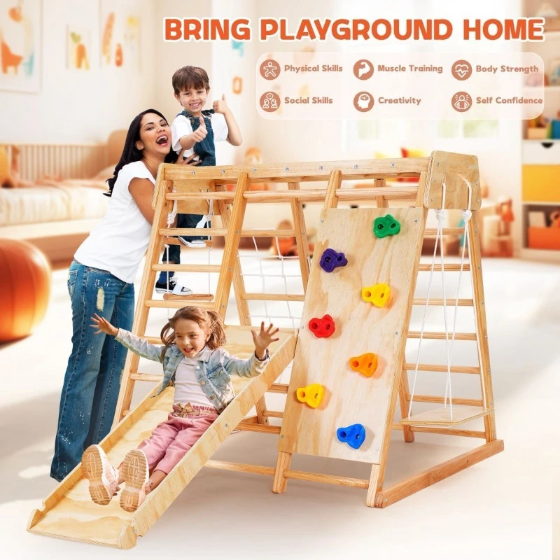 Eco Wooden Indoor Climbing Slide Gym Sensory Play Set Natural Solid Toddler Activity Center for Baby Boy Girl Home Playroom