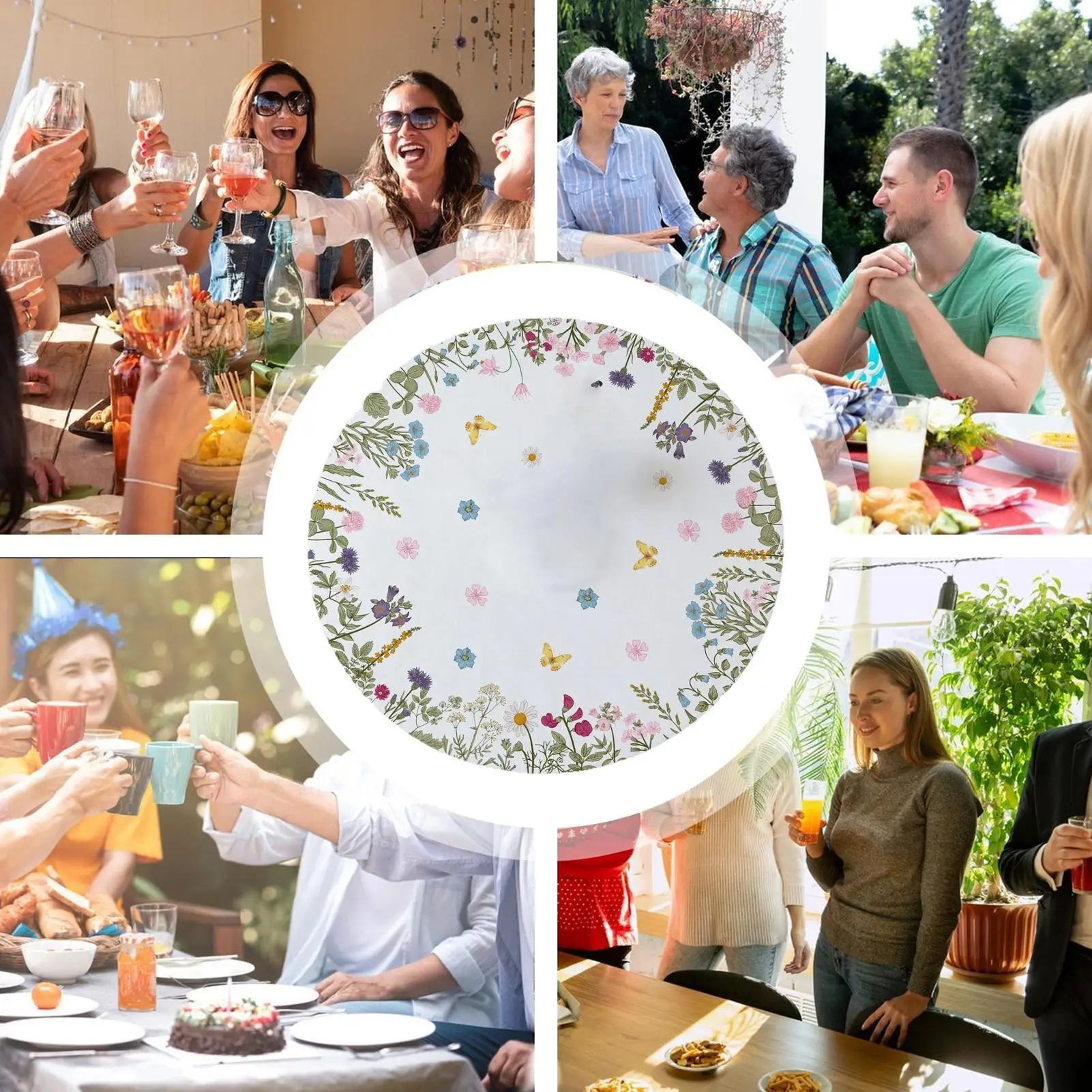 Floral Round Tablecloth 120cm Elastic Waterproof Spring Dining Table Cloth For Homeowners Parents Renters Restaurant Coffee Shop