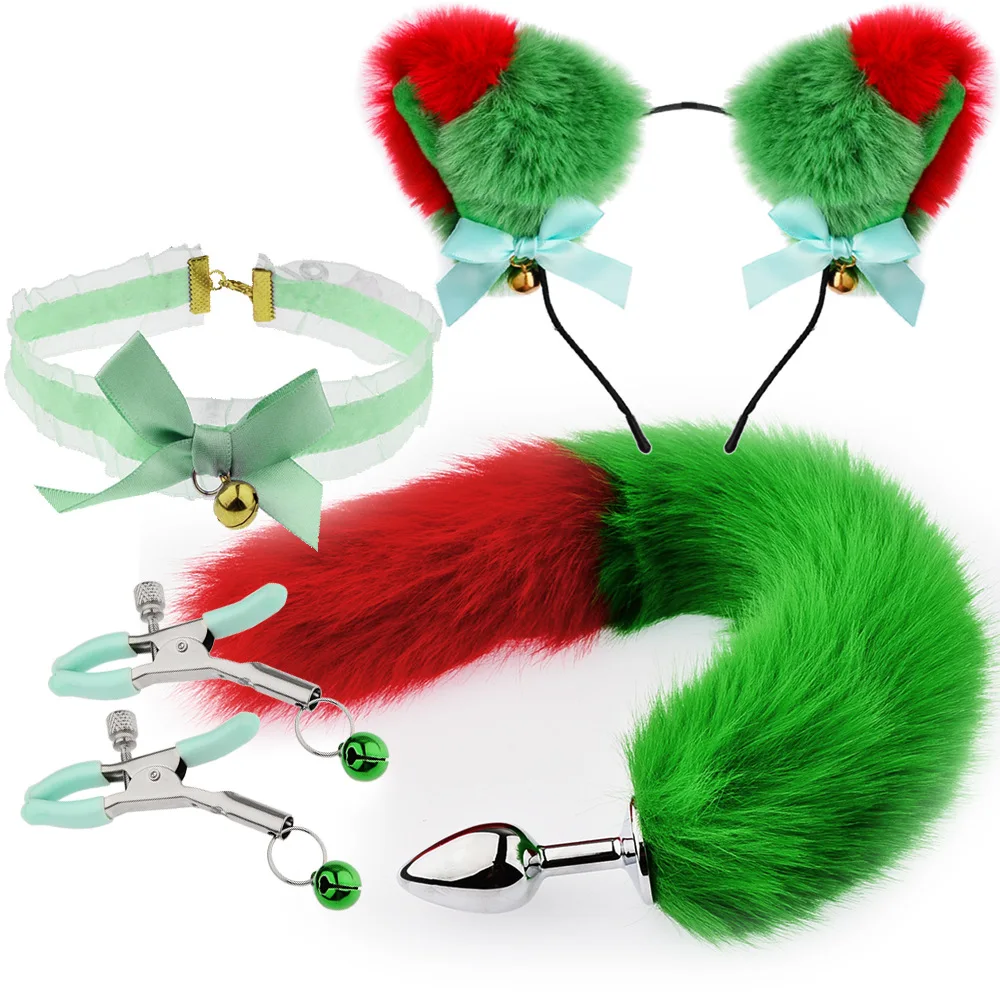 SM Stereo Ear Tail set Fun play role Play Back Court Tail Anal plug toy SM Red Green Christmas