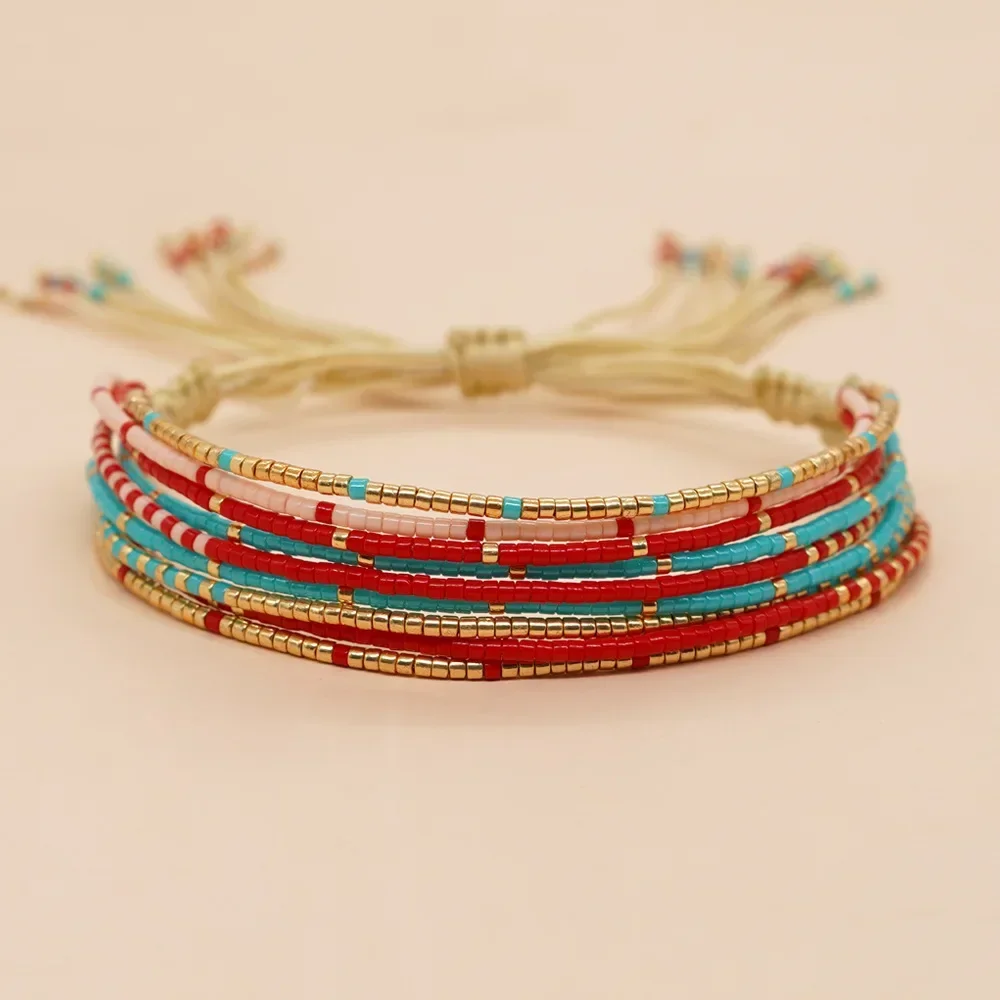 Pulsera de cuentas multicapa versátil corriente de marea Bohemia ajustable tejido a mano pulsera de cuentas de arroz de color degradado femenino