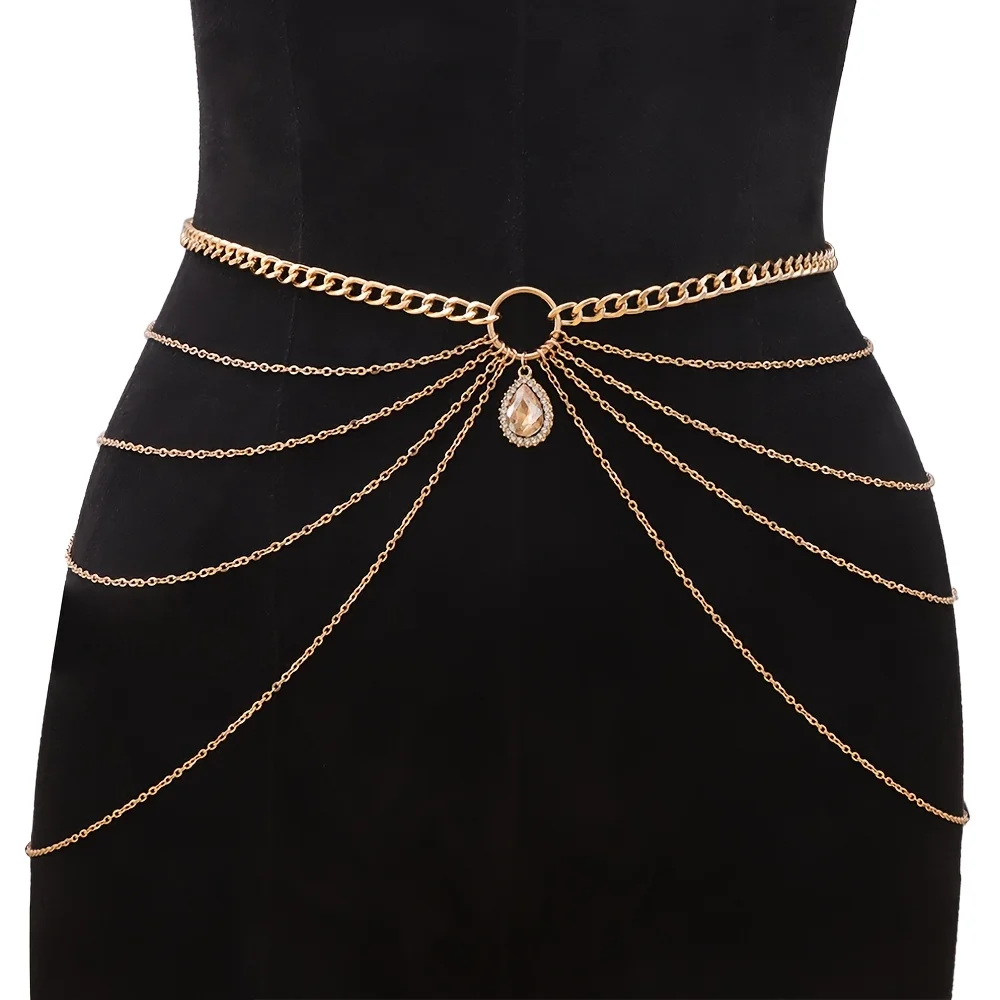Multi-Layer Metallic Waist Belt with Teardrop Charms for Women, Elegant Waist Drape, Versatile for Daily Wear, Banquets