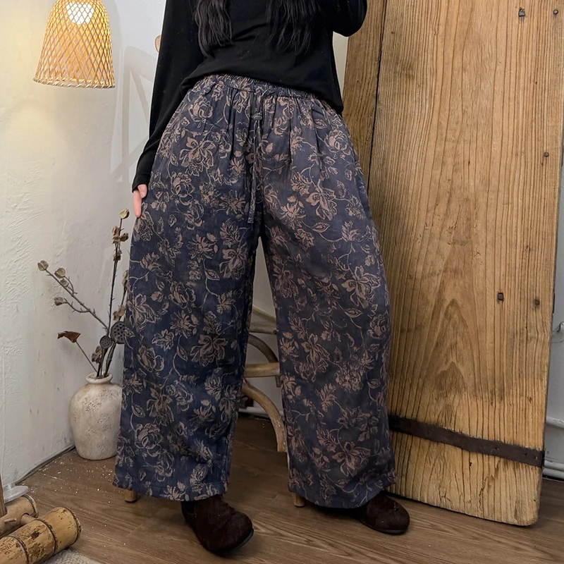 100% Cotton Women Vintage Floral Print Wide Leg Pants Elastic Waist Drawstring Loose Baggy Trousers Casual Palazz Pants M2982
