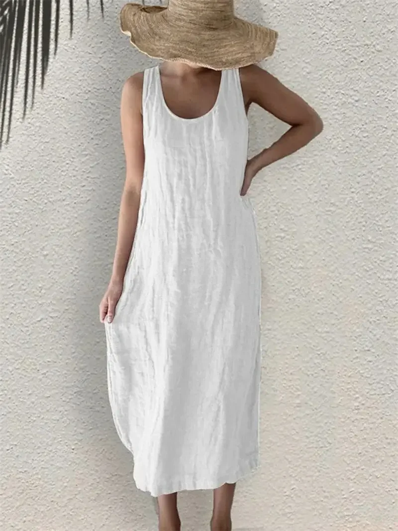 Women Comfortable Casual Cotton Linen Dresses 2024 Summer Solid Color Side Pockets Dress Female O Neck Pullover Sleeveless Gown