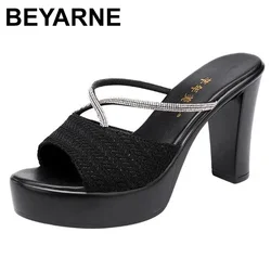 BEYARNEHigh Heel Rhinestone Sandals Women Summer  New Platform Open Toe Sandals Large Size 32 To 43 Chunky Heels