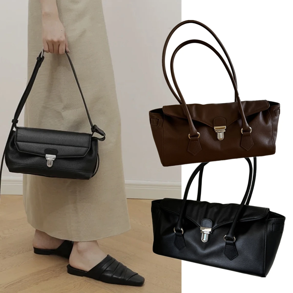 

Jenny&Dave French Retro Genuine Leather Motorcycle Bag Fashion Girls Commuter Casual Shoulder Bag Underarm Bag Women