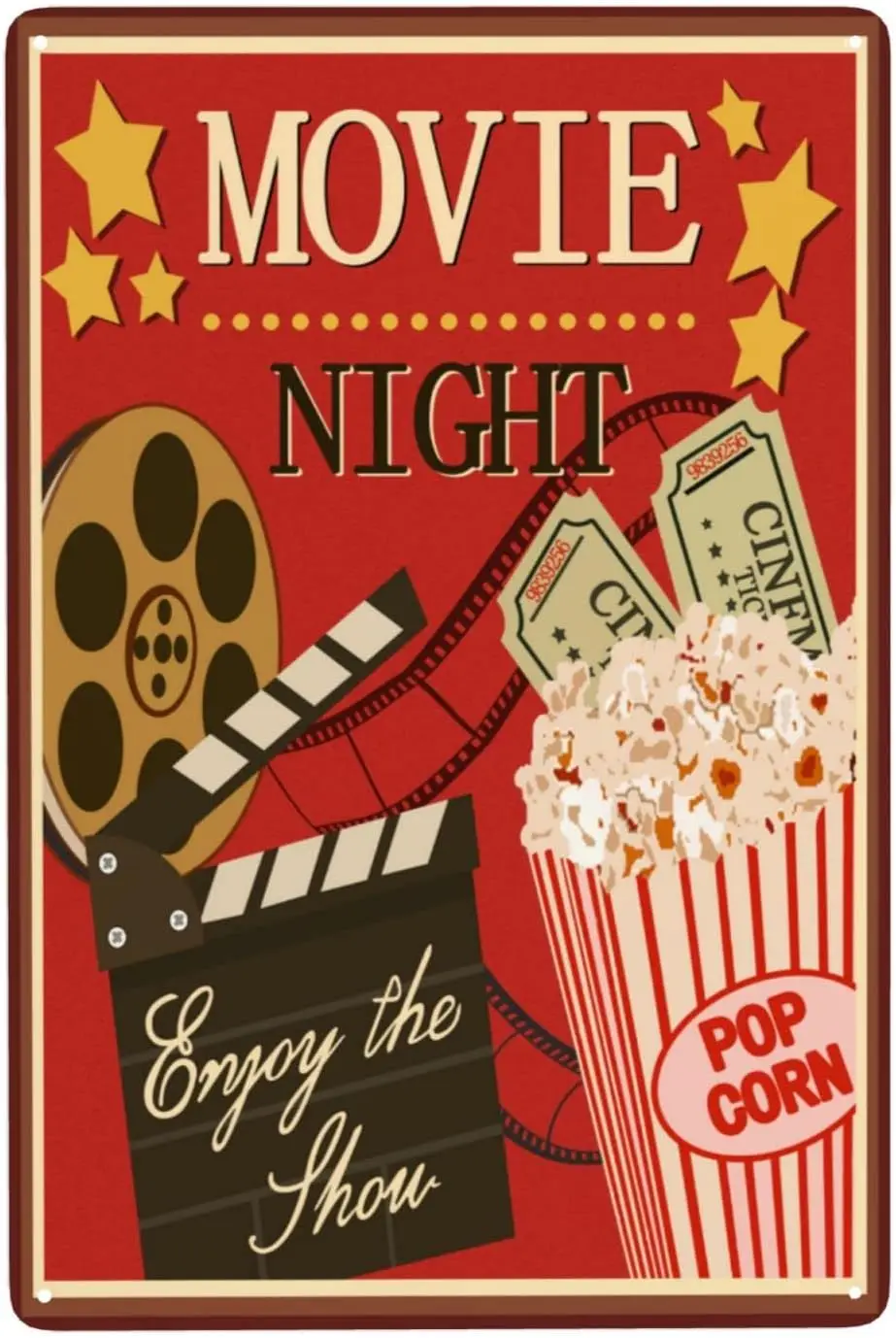 bassyil Movie Night Vintage Metal Tin Signs Enjoy The Show Retro Wall Decor Popcorn Wall Art Funny Posters Gifts 8x12 Inch