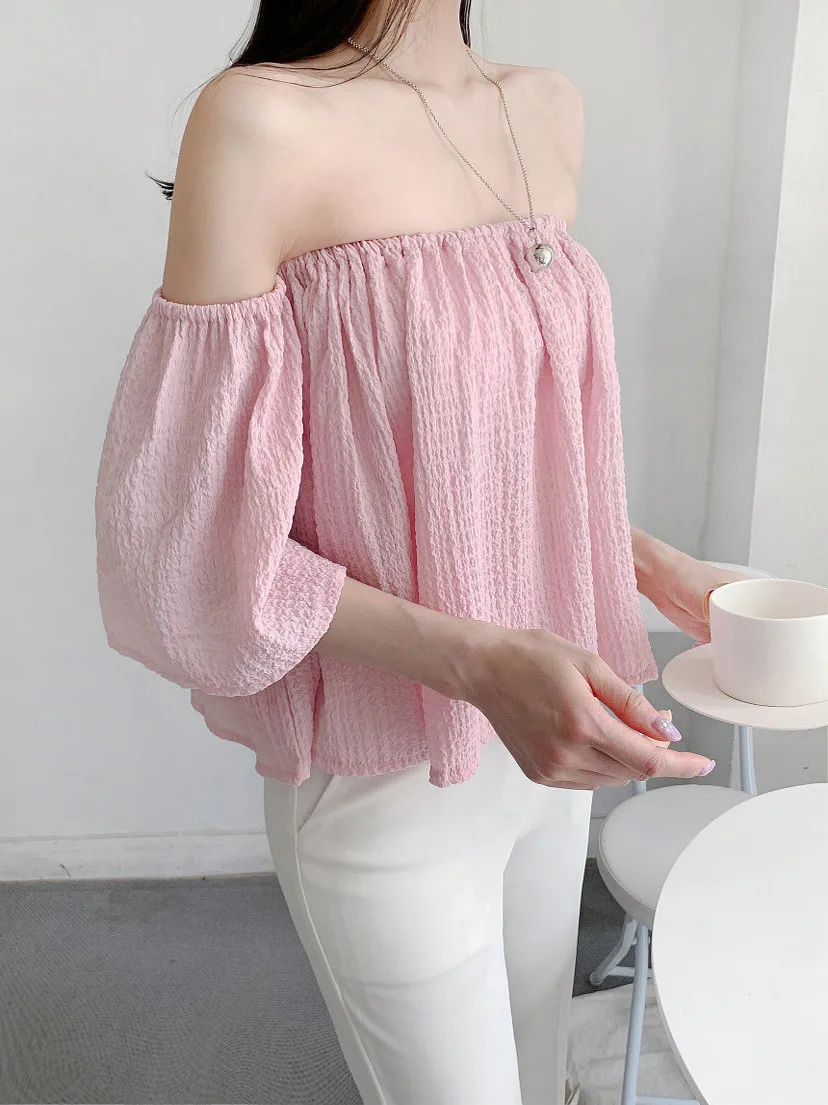Chic Shoulder Bared Shirt Women's Short Bell Sleeve One Shoulder Design Summer Cotton Blend Casual Fashion Commute Style