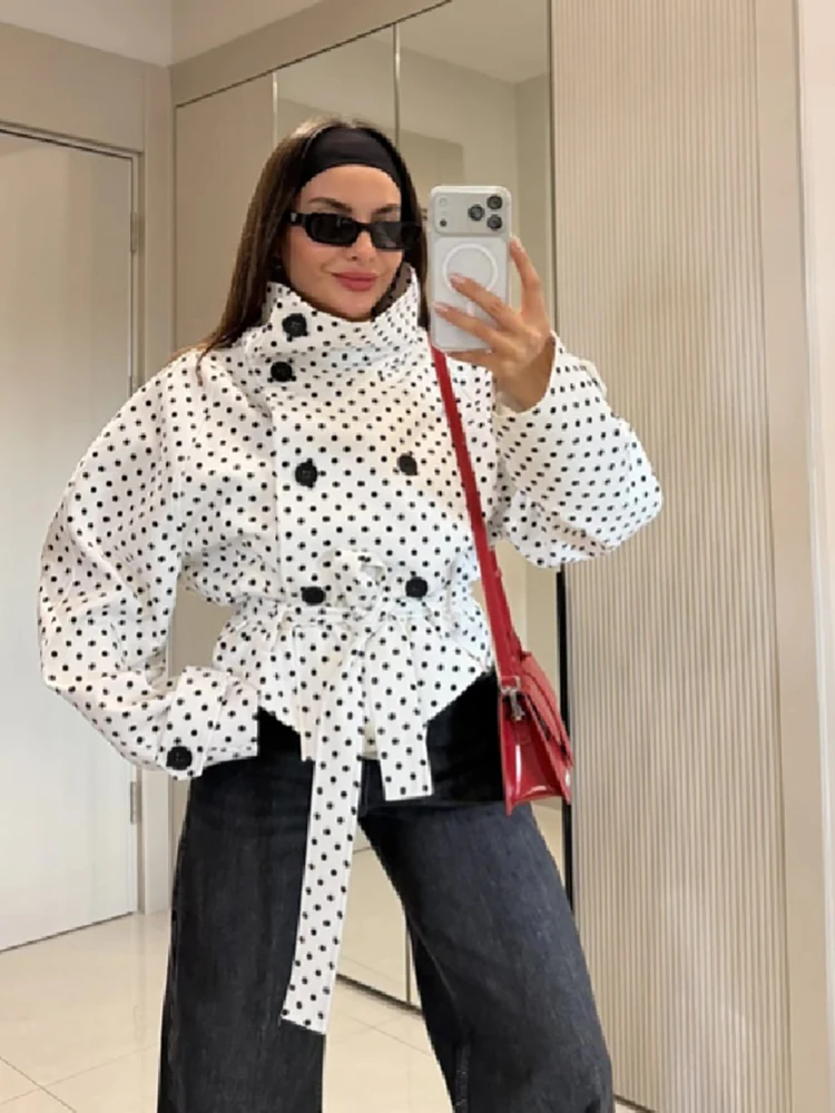 Retro Chic Cropped Trench Jacket Polka Dot Waist Belt Loose Vintage Women Coats Autumn Stylish Street Casual Outerwear