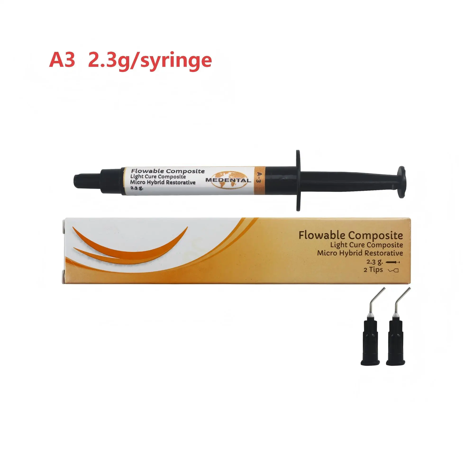 Dental Flowable Composite Resin Light Cure 2.3g Micro Hybrid Restorative Material with 2 Applicator Tips
