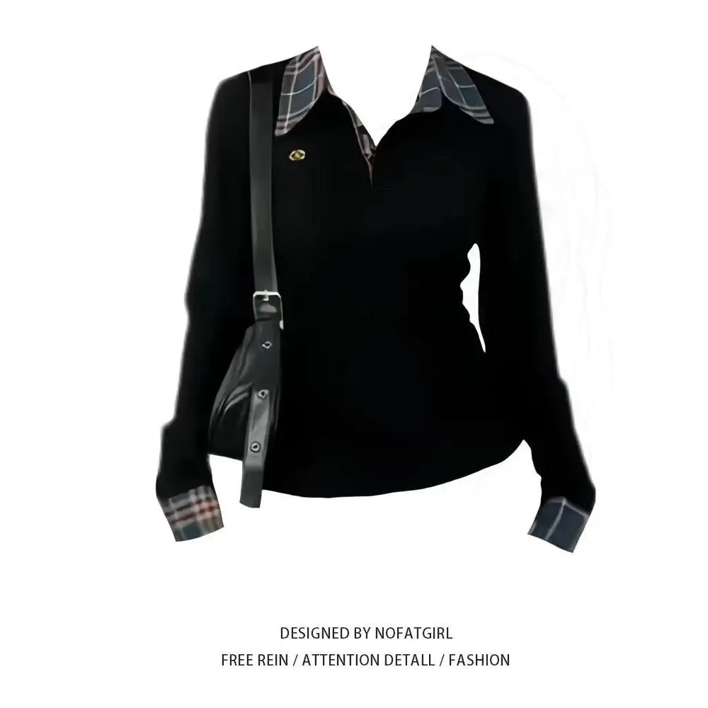 قميص بولو بأكمام طويلة وقصة ضيقة، نمط شبكي أحمر مع تطريز، تصميم أمريكي على الكتف، قميص نسائي عصري جديد