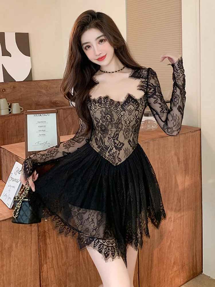 New Fashion Y2K Summer Short a-line Dress Women Chic Sweet Lace Sexy Square Collar Slim Mini Party Birthday Mujer Vestido Street