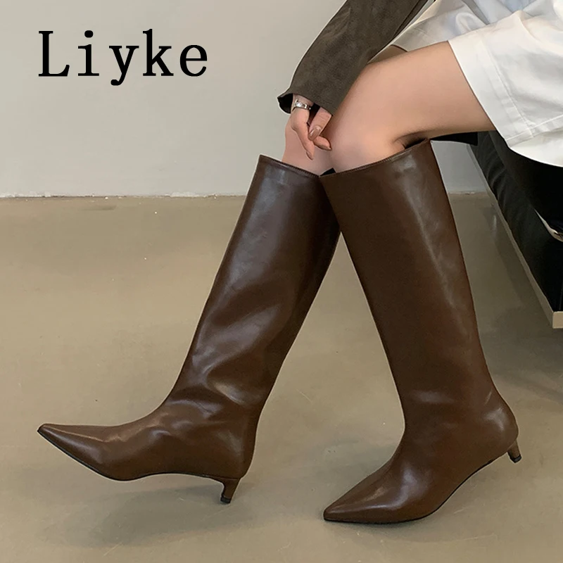 Liyke 2025 novo sexy dedo do pé apontado salto baixo joelho botas altas feminino preto aconchegante couro do plutônio primavera outono sapatos longos bombas femininas