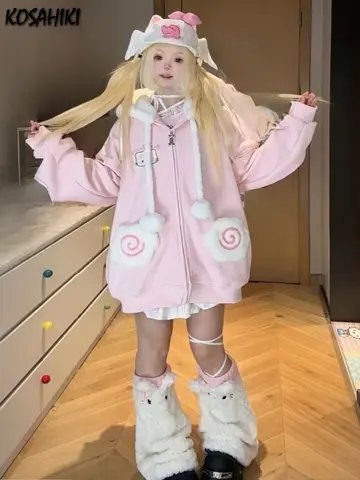 Japon Kawaii Karikatür Nakışlı Kapüşonlu Üstler Kadın Karikatür Sevimli Cepli Bol Sweatshirt 2025 Y2k Estetik Günlük Grunge Hoody