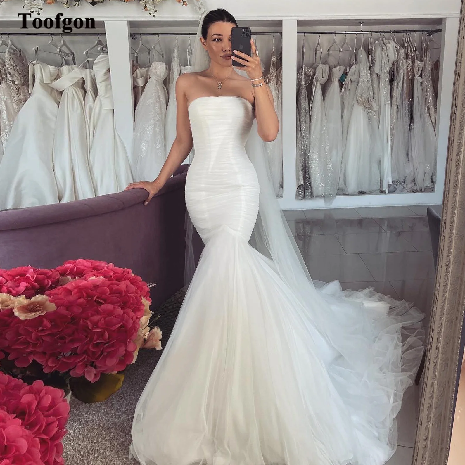 Toofgon Elegant Fishtail Tulle Wedding Dresses Strapless Wedding Gowns Mermaid Bridal Gown Women Special Party Formal Dress