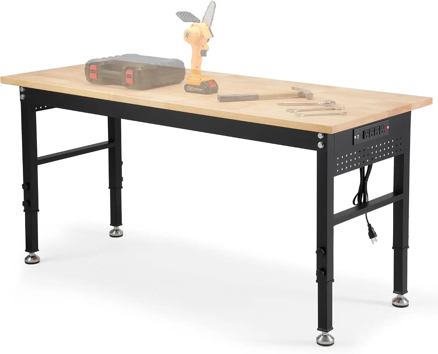 60 Adjustable Workbench Rubberwood Top Power Outlet Large 60x24 Inch 9 Level Height Range 27 37 2000 Lbs Heavy Duty Capacity Wor