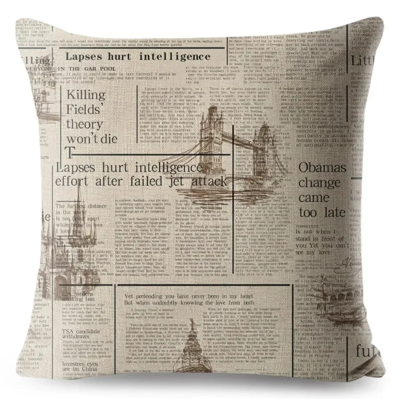 Vintage Style Pillow Case Decor Old English Newspaper Printed Cushion Cover Polyester Pillowcase for Sofa Home Car 45*45cm