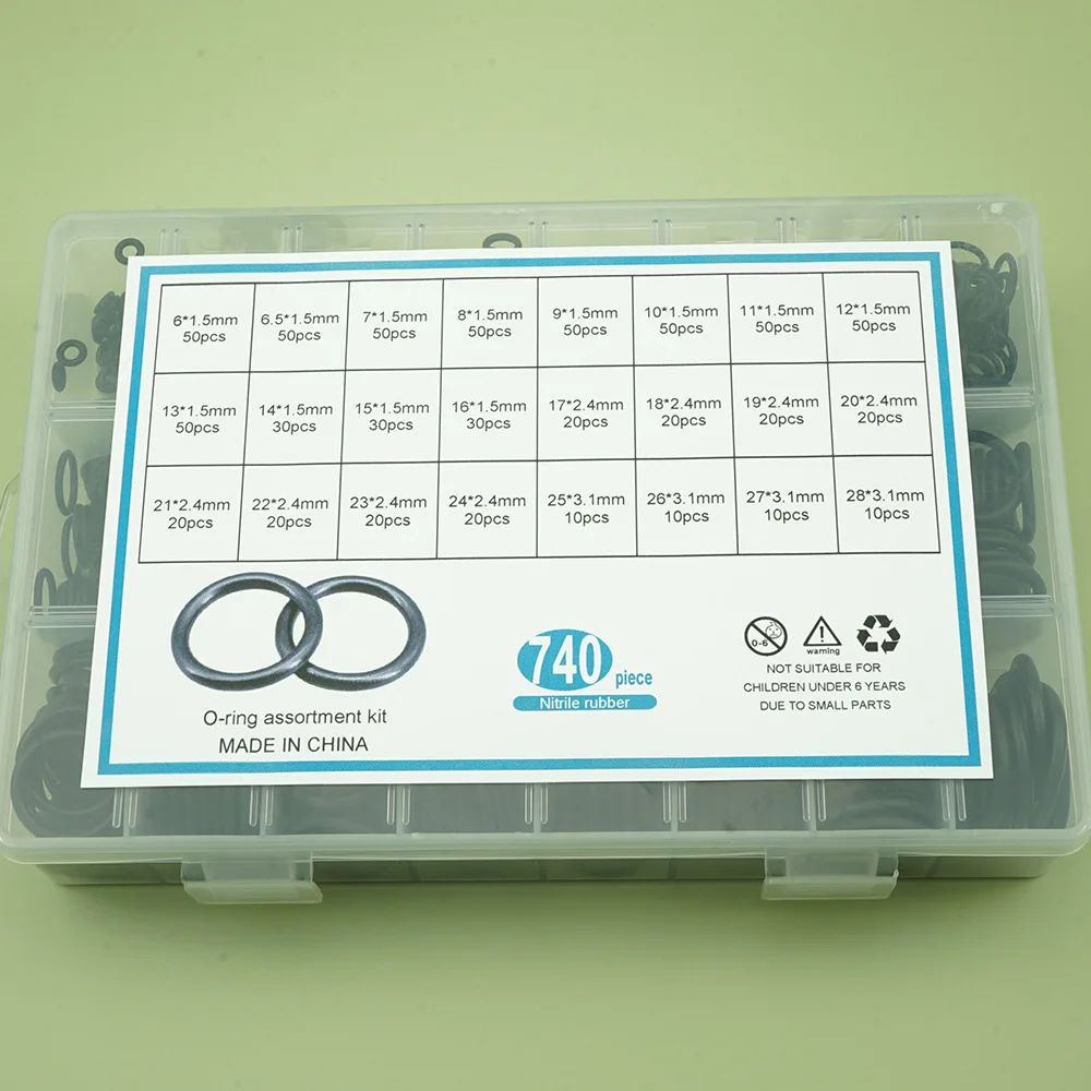 740Pcs O Rings Rubber Silicone O Ring Gasket Seal Sealing O-rings Nitrile Washer Rubber O-ring Assortment Kit Box Ring Set