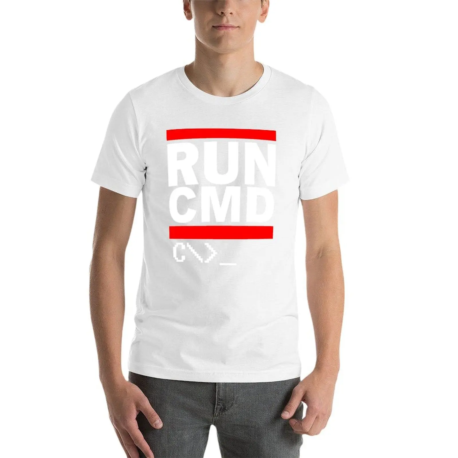 تي شيرت RUN CMD (أبيض) للرجال تي شيرت مصمم مضحك تي شيرت قطني