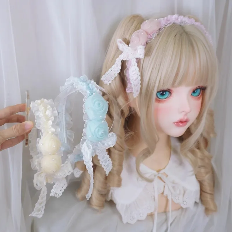 

Original Lolita Elegant Cream White Pink Rose Lace Hairband Soft Girls Cute Hair Accessories Sweet KC Princess Ornaments