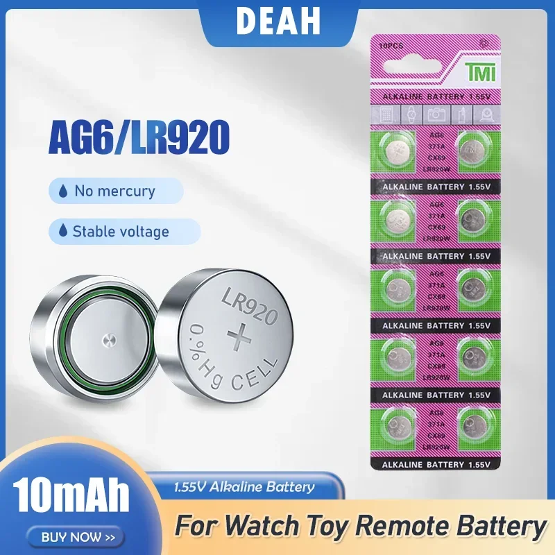 New AG6 LR920 1.55V Alkaline Battery 371 371A G6A 171 CX69 SR927 L921 GP71 Button Coin Cell For Watch Toy Remote Control Alarm