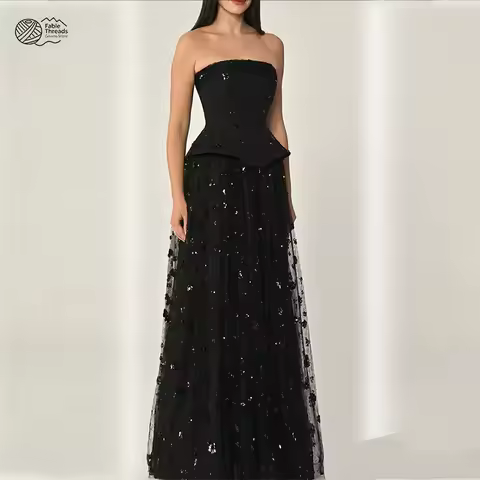 Customized Delicate Black Tulle Evening Dress Strapless Sleeveless Celebrity Gowns Vestido De Festa Flowers Temperament Soft