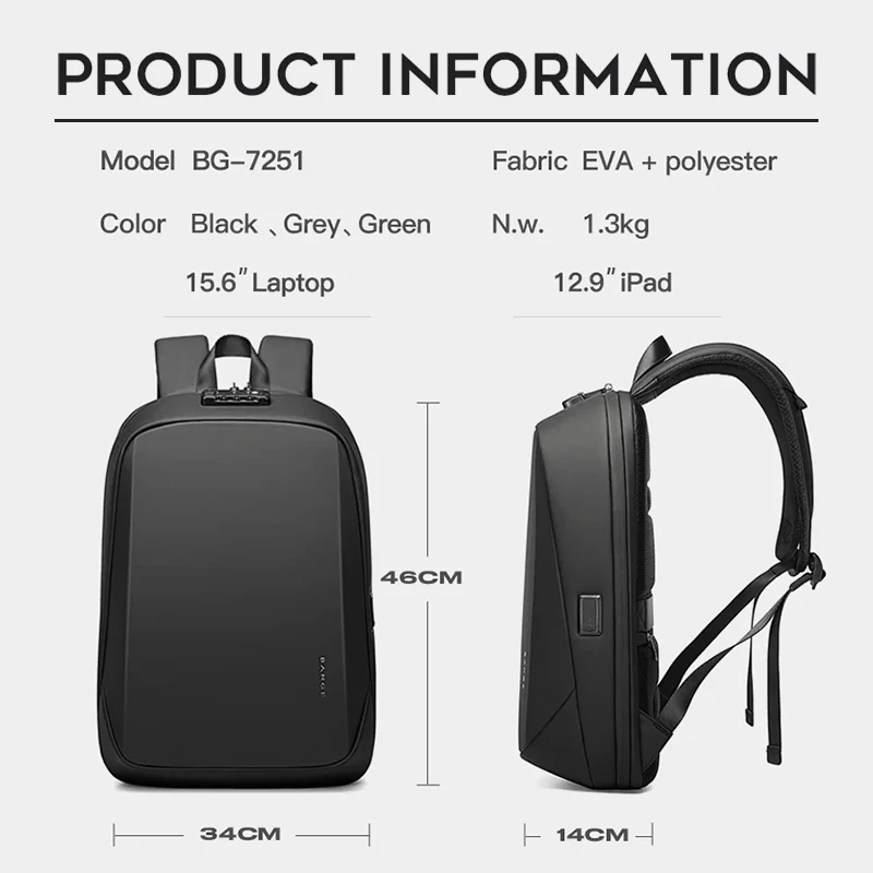 BANGE EVA Waterproof Anti-Theft 15.6 inch Laptop Backpacks USB Man Mochila Hard Shell Business Travel Bags with TSA Custom Lock