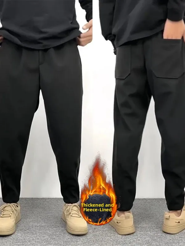 

Men's Winter Fce Lined Drapey Casual Pants Straight Loose Wide Leg Trousers Elastic Bla Thi Woolen Pants Harlan Sle