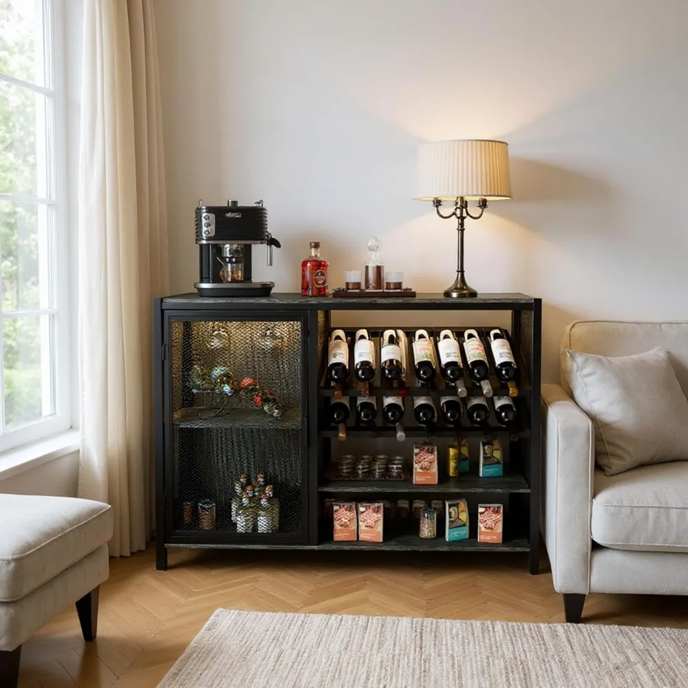 

Wine Bar Cabinet with Socket and RGB Light, 47'' Home Coffee Bar Cabinet with Wine Rack and Glass Holder Buffet Sideboard