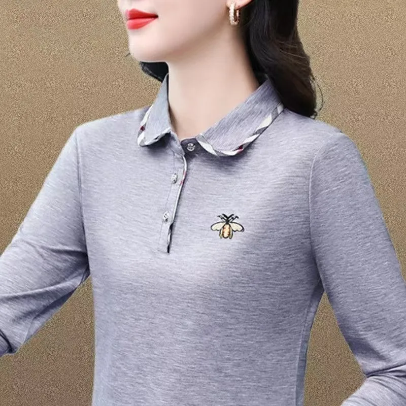 Polo Collar Pure Cotton Polo Shirt Long-Sleeved T-shirt Women\'s Summer 2024 New Mom Middle-Aged Loose Slimming Top