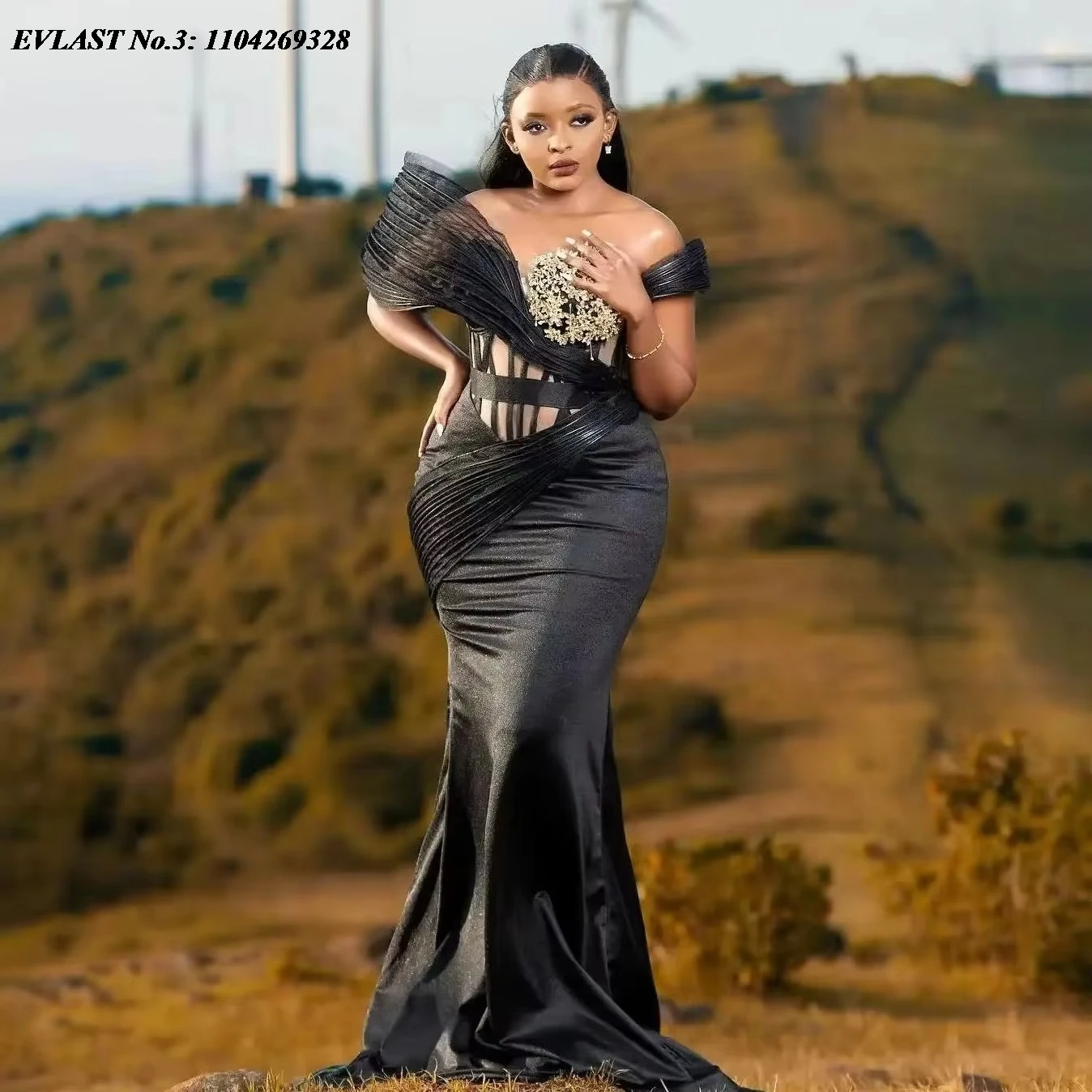 EVLAST Personalizzato Aso Ebi Nero Sirena Vestito Da Promenade Africano Off Spalla Floreale Raso Che Borda Abito Da Sera Robe De Soirée E3P400