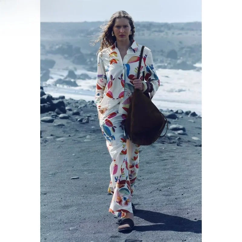 

Spring 2024 New Women's Printed Silk irt Nightgown Sle Pants Long Sve Square Collar Regular Length Faion Versatile L...