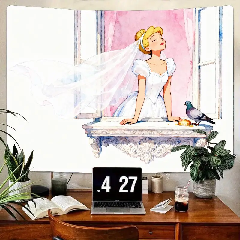 

1PC Romantic Fairytale Bride Tapestry, Princess in Wedding Dress at Window with Pigeon, Aesthetic Polyester Wall Art for Bedroom