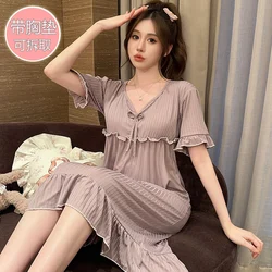 Hot Summer Plus Size Sexy Lace V-neck Short Sleeve Cotton Nightgowns for Women Cute Sleepwear Night Dress Nightdress Home Nighty