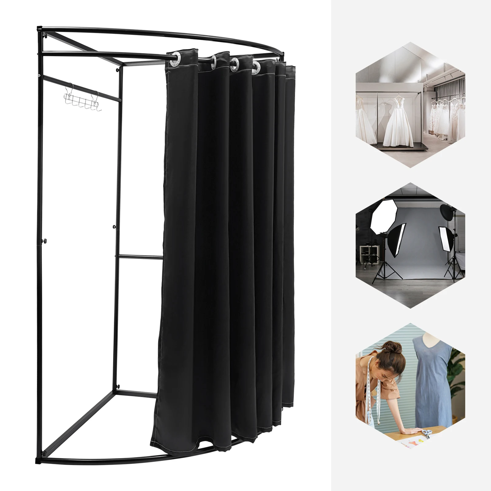 

Beige/Black Fan-shaped Iron Fitting Room,100*100*200cm Fitting Room with Curtain Freestanding for Clothing Store