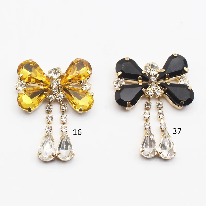 New 25*36mm 5Pcs/Lot Butterfly Tie With Metal Jewelry Accessories DIY Gold-Plated Water Drop Glass Clothing Bow Decorations