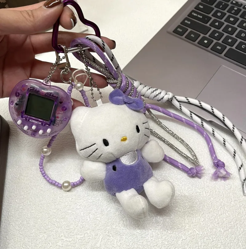 Kawaii Hello Kitty Plush จี้กระเป๋าพวงกุญแจอุปกรณ์เสริมสีม่วง Kt Plushie Key Chain ตุ๊กตาน่ารัก Key Ring โทรศัพท์มือถือของขวัญวันเกิด