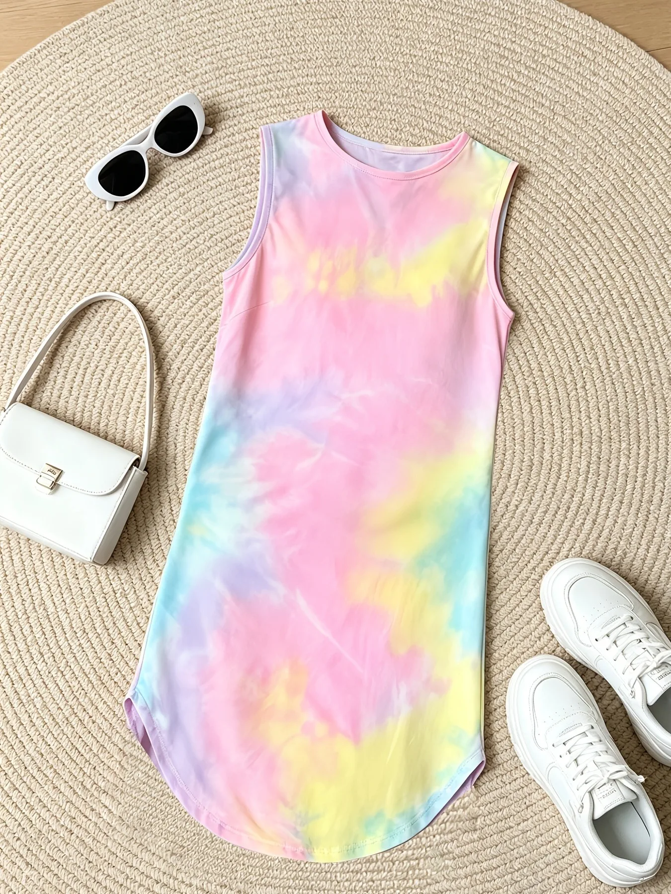 Comfy Kids Girls Soft Stretch Tie Dye Dress, Round Neck Sleeveless Curved Hem Bodycon Mini Dress for Outdoor Play & Summer Trip