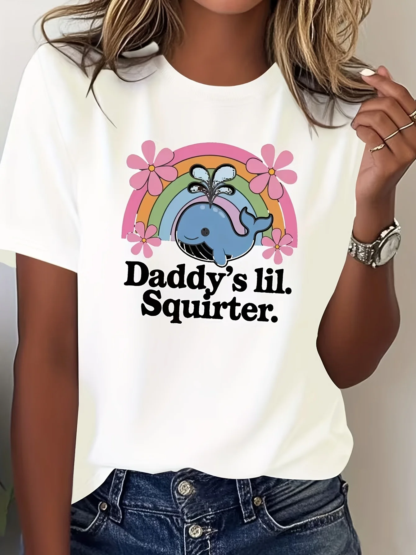 Women'S Surf Beach T-Shirt Whale Flower Daddy'S Lil Squirter Crew Neck Slight Stretch Geometric Pattern Comfortable Regular Fit