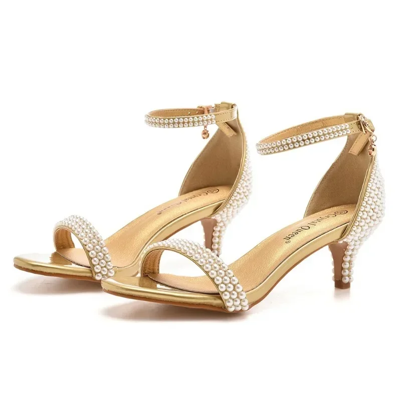 Summer High-heeled Women\'s Sandals String Bead PU 5CM Thin Heels Buckle Strap Wedding Dress Women\'s Shoes Golden Middle Heels