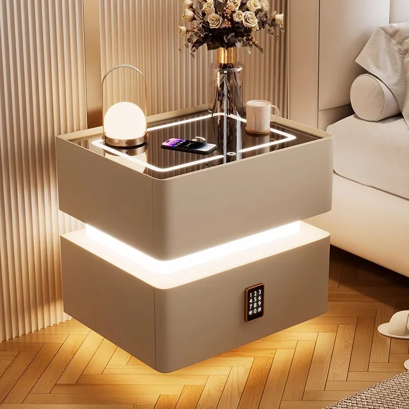 منضدة ذكية مقاس 40 سم مع ضوء مستشعر، وطاولة بجانب السرير من الخشب الصلب قابلة للقفل، وخزانة تخزين على الطراز الحديث لغرفة النوم