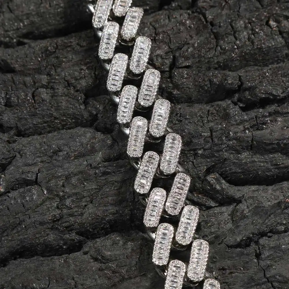 

2021 Hot Sale 20mm Square Cut CZ Miami Chain Real Gold Plated Chunky Baguette Cuban Link Chain Necklace Rapper Jewelries