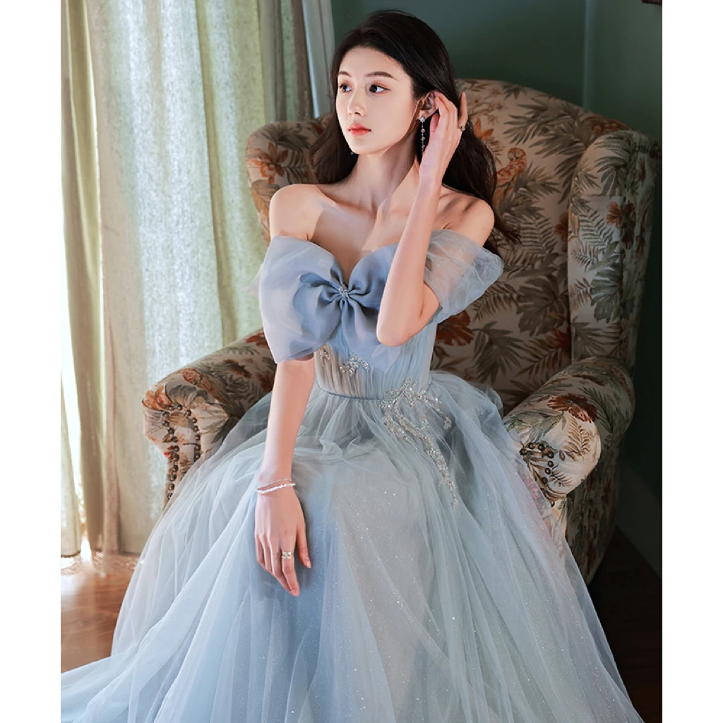 

Blue Elegant Evening Dresses Off the Shoulder Beading Applique Elegant Long Bow Tulle Birthday Wedding Bridesmaid Party Gowns