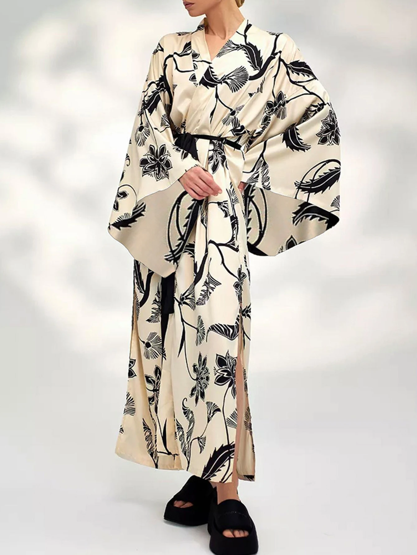 レディース フルプリント レースアップ 長袖 Vネック Aライン ワンピース 秋 ファッション バケーション ロングドレス