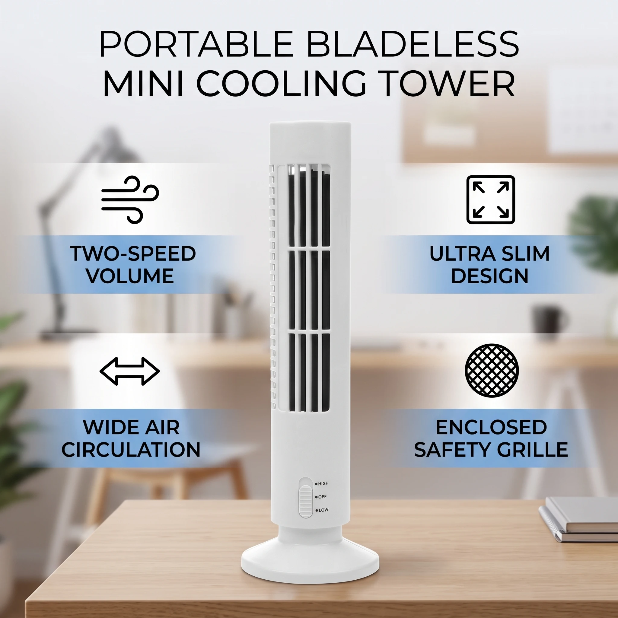 Vertical Bladeless Fan Bladeless Save Space 5V 0.5A 2.5W  Tower Fan 2 Gears for Office