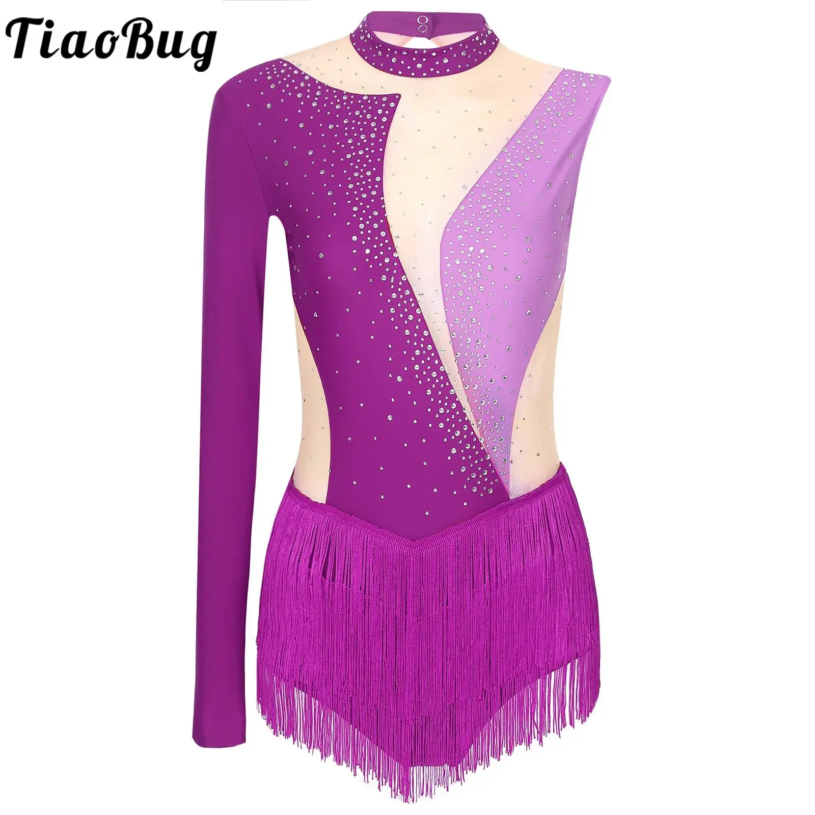 Womens Ballet Latin Jazz Dance Costume Leotards Figure Skating Dresses Shiny Rhinestones One Sleeve Tassel Bodysuits Dancewear