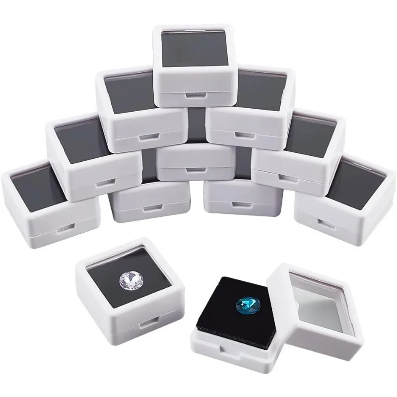 12 Pcs Gemstone Display Box, 1.18x1.18x0.64 White Plastic Square Jewelry Display Container Diamond Storage Box with Clear Glass