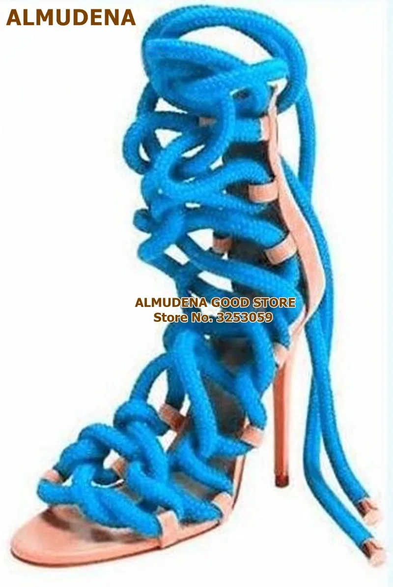 ALMUDENA مثير كعب ستيليتو حبل الربط الصنادل الدانتيل متابعة قفص الأحذية المغطاة كعب فستان مضخات المشاهير مضفر كعب الصنادل