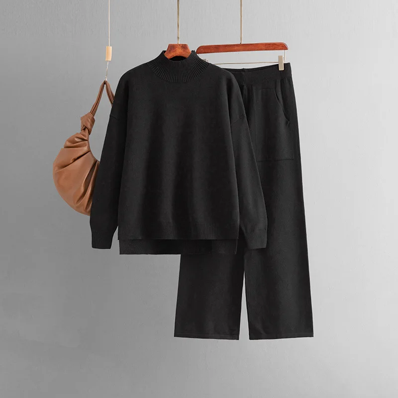 Moda Autunno Maglione Due Pezzi Vestito Delle Donne Allentato Caldo Solido Pullover Gamba Larga Pantaloni Lunghi 2025 Inverno Casual Set Lavorato A Maglia B839